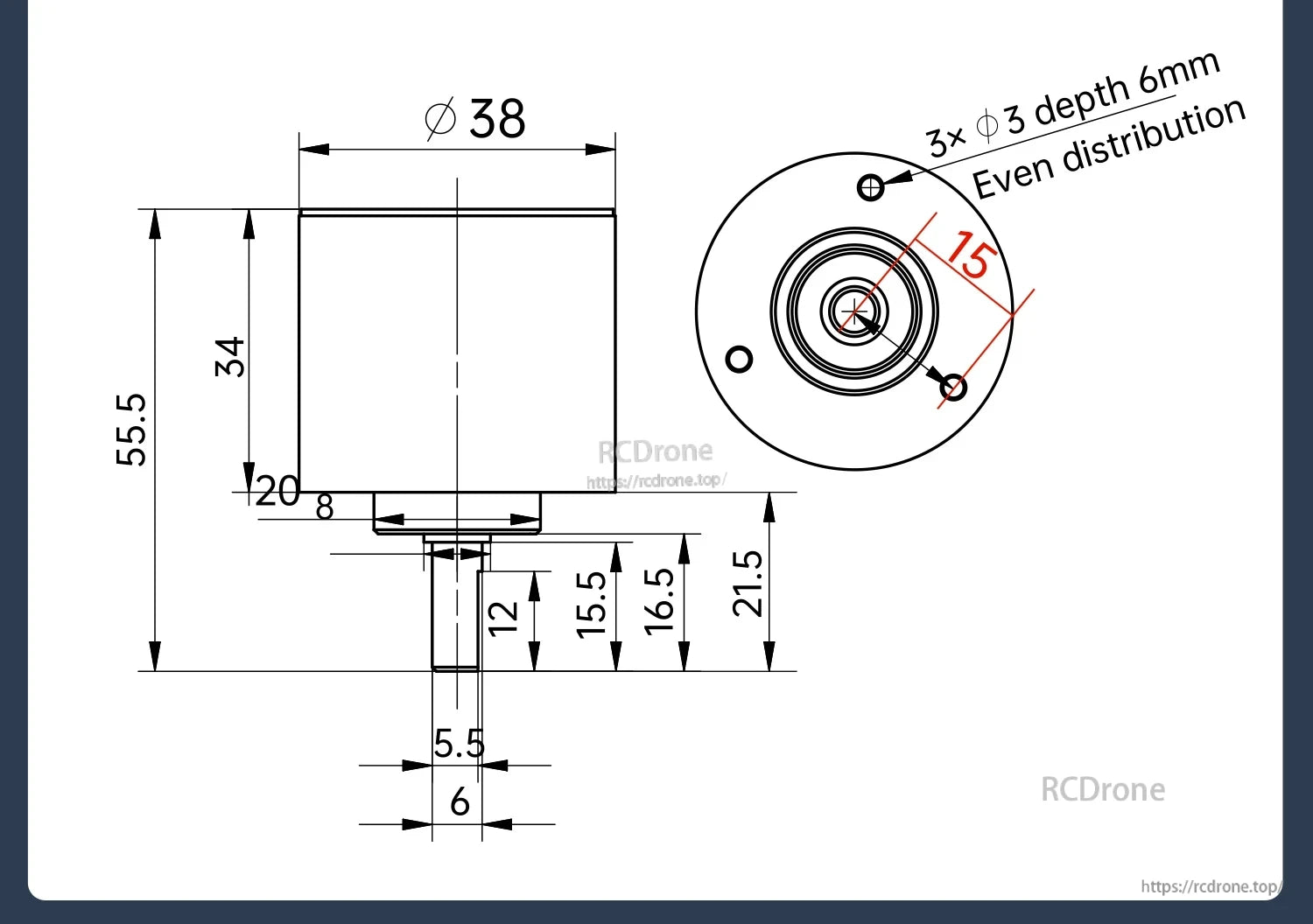 JY-ME02 mechanical drawing with 38 mm diameter, height dimensions, and 3 mounting holes distribution