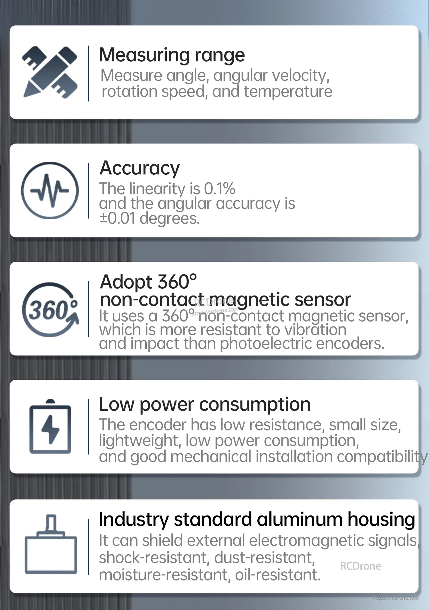 Feature list panel: measuring range, accuracy, non-contact magnetic sensor, low power use, aluminum housing