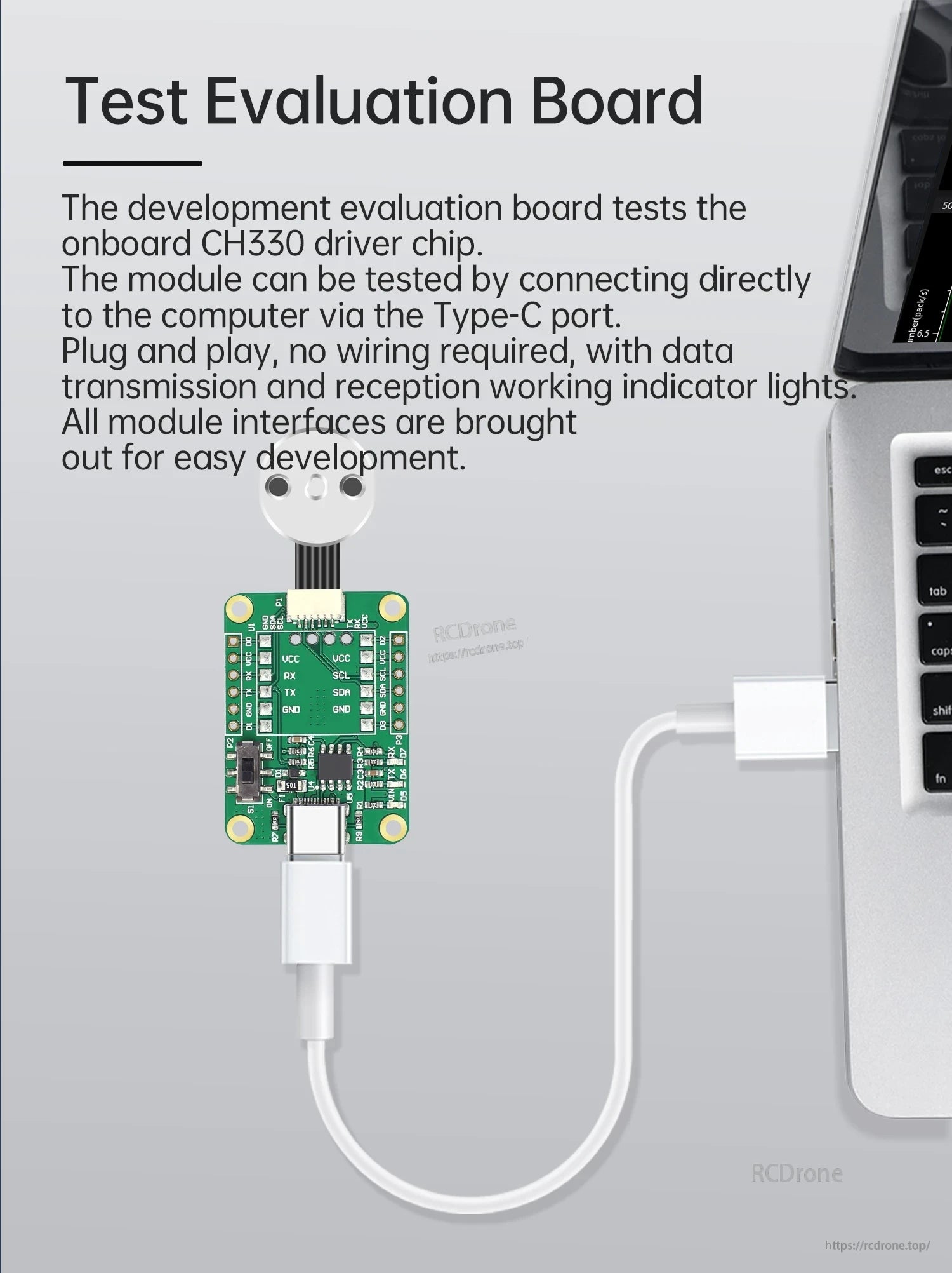 Test evaluation board connected via Type‑C/USB for plug-and-play testing of the onboard CH350 driver chip
