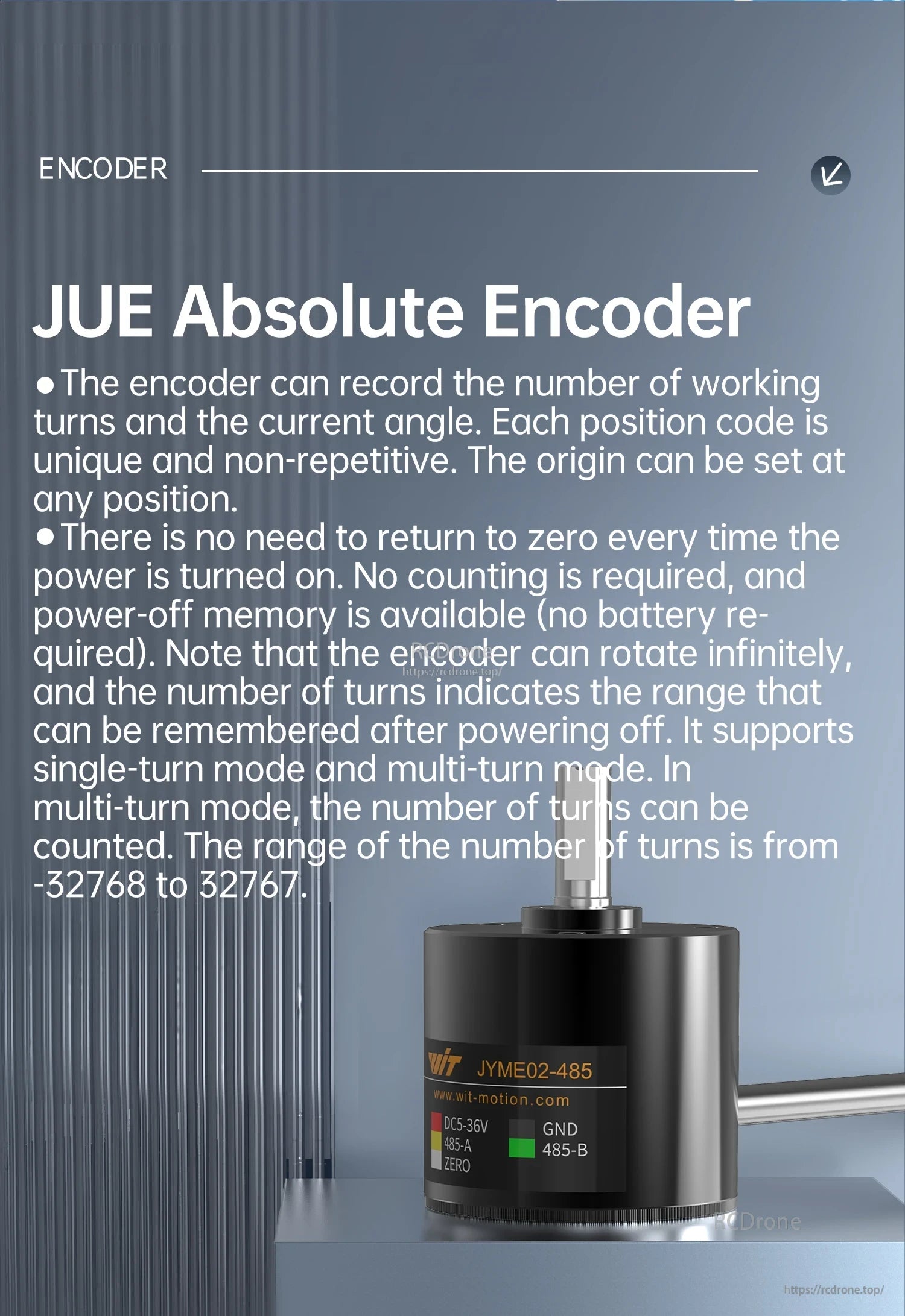 JUE absolute encoder feature summary: unique position code, multi-turn counting, and no return-to-zero on startup