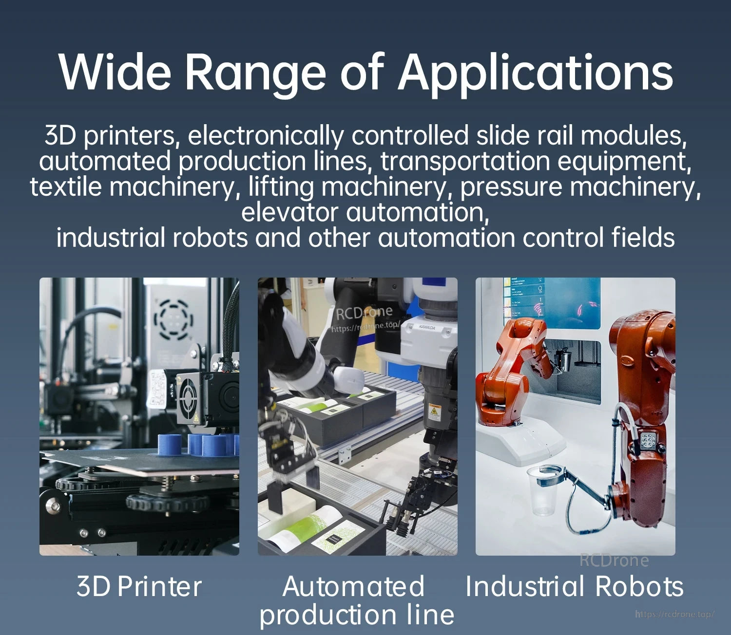 Application collage showing 3D printer, automated production line equipment, and industrial robots