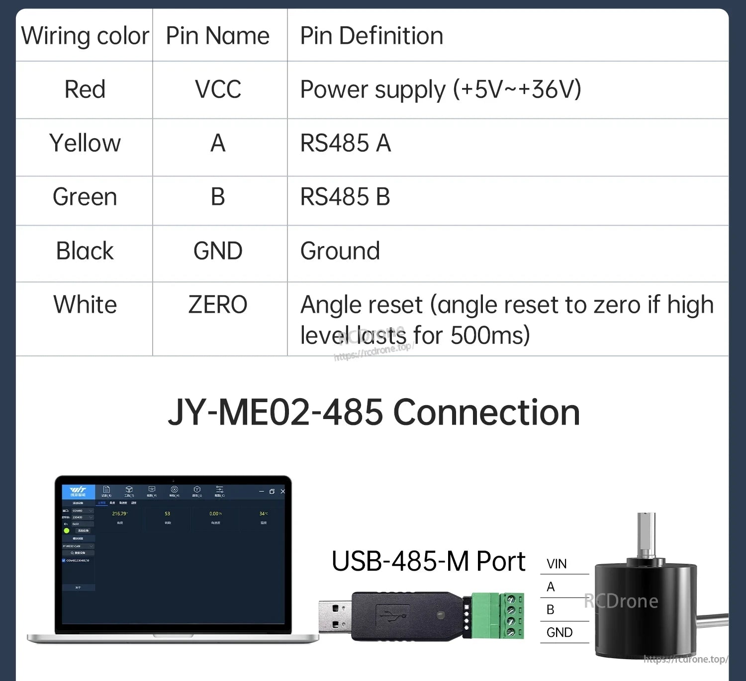 JY-ME02 RS485 wiring color chart and USB-to-485 connection example with ZERO reset line definition