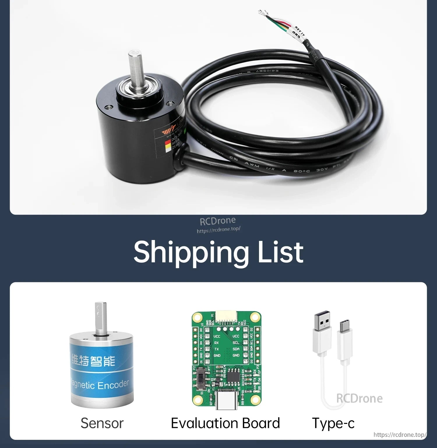 WitMotion JY-ME01/JY-ME02 absolute rotary encoder sensor with shaft, cable lead, evaluation board, and USB-C cable