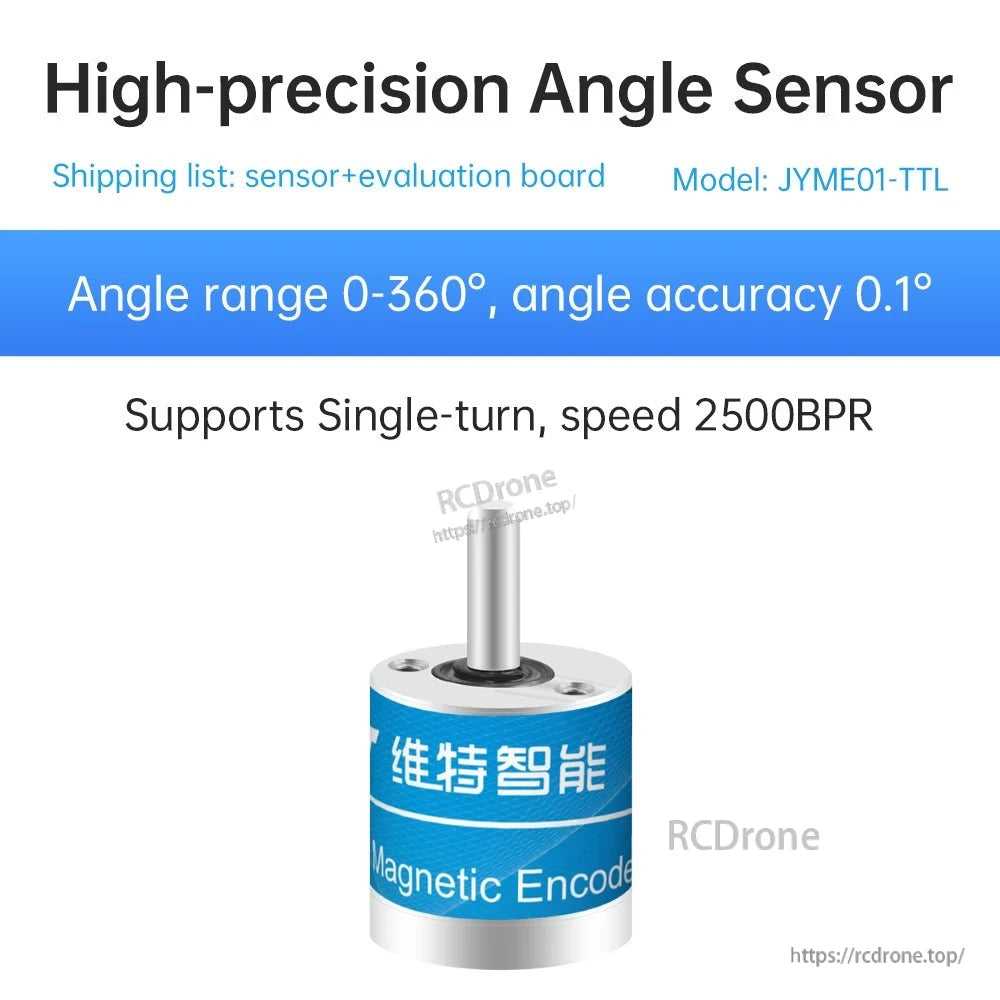 JYME01-TTL angle sensor graphic showing magnetic encoder, 0–360° range, 0.1° accuracy, single-turn 2500BPR