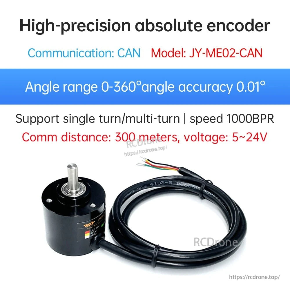 JY-ME02-CAN absolute encoder specs graphic: CAN communication, 0–360° range, 0.01° accuracy, 5–24V