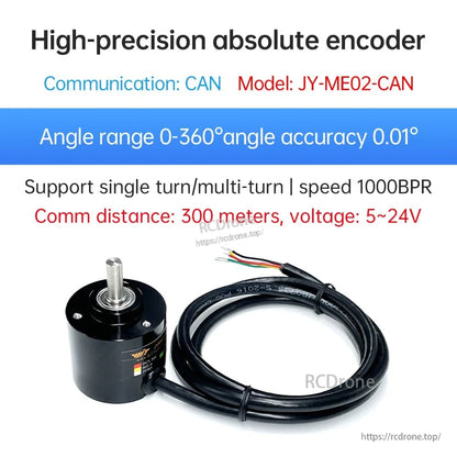 JY-ME02-CAN absolute encoder specs graphic: CAN communication, 0–360° range, 0.01° accuracy, 5–24V