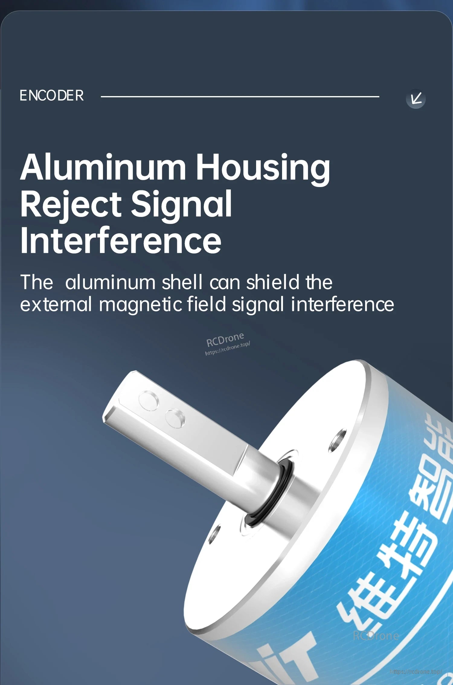 Close-up of encoder shaft and aluminum housing designed to reduce external magnetic signal interference