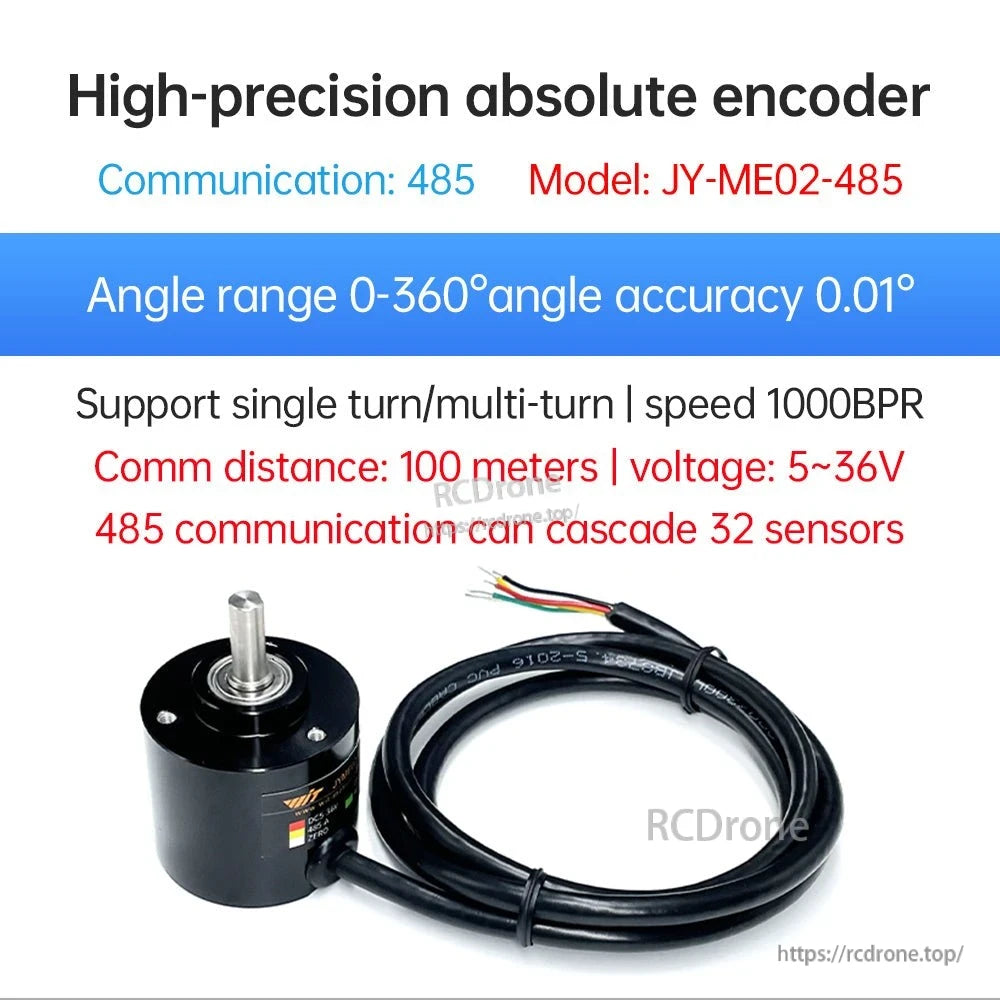 JY-ME02-485 absolute encoder specs graphic: 485 communication, 0–360° range, 0.01° accuracy, 5–36V
