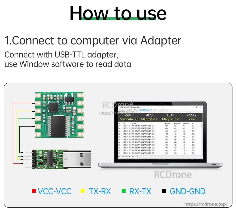 How-to-use wiring guide connecting JY-RM3100 to computer via USB-TTL adapter with VCC, TX-RX, RX-TX, GND mapping