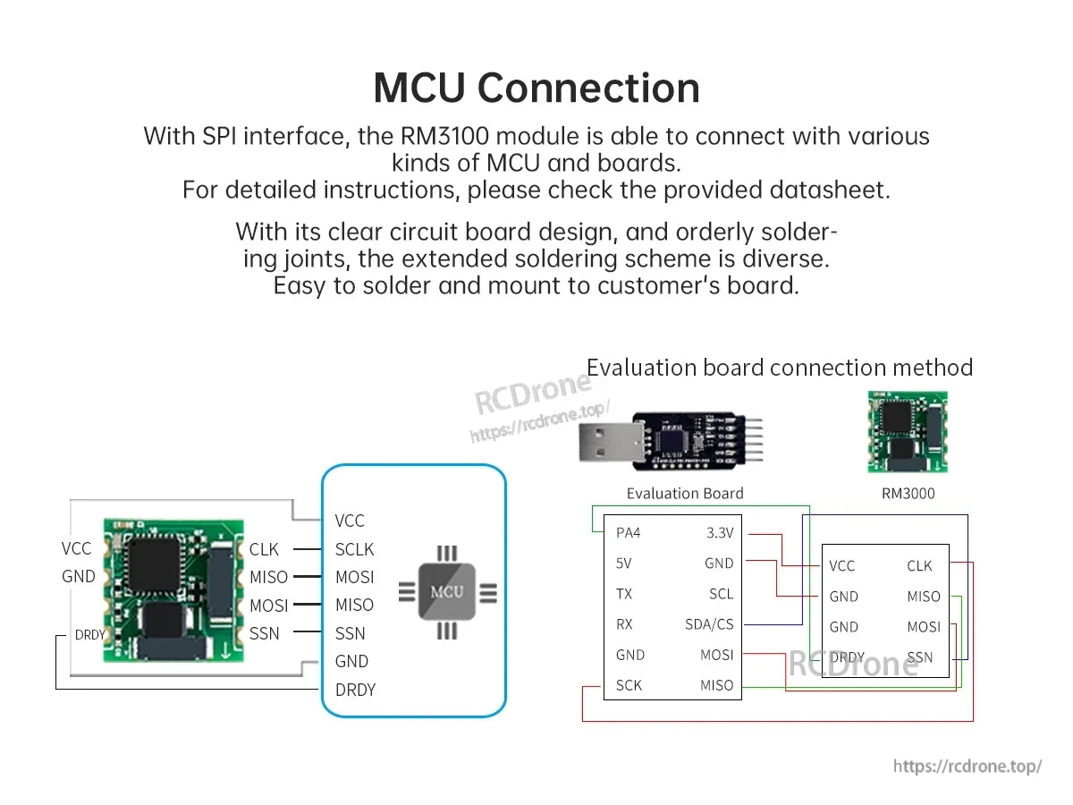 MCU wiring diagram for WitMotion RM3100 3-axis compass module showing VCC, GND, SCLK, MOSI, MISO, SSN and DRDY pins