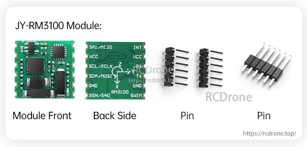 WitMotion JY-RM3100 3-axis electronic compass module front/back with labeled pin pads and header pins