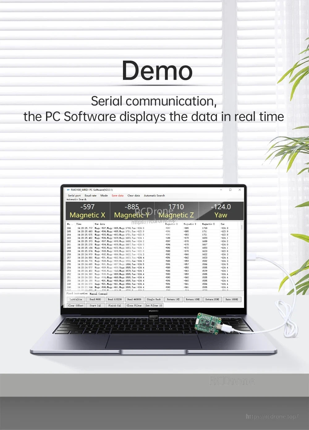 PC software demo of JY-RM3100 compass streaming Magnetic X/Y/Z data and yaw over serial connection