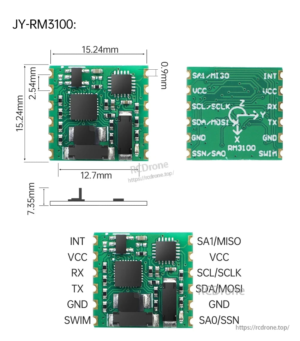 JY-RM3100 module dimensions and pinout for TTL/SPI/I2C connections, including INT, VCC, RX, TX, SCL/SCLK, SDA/MOSI