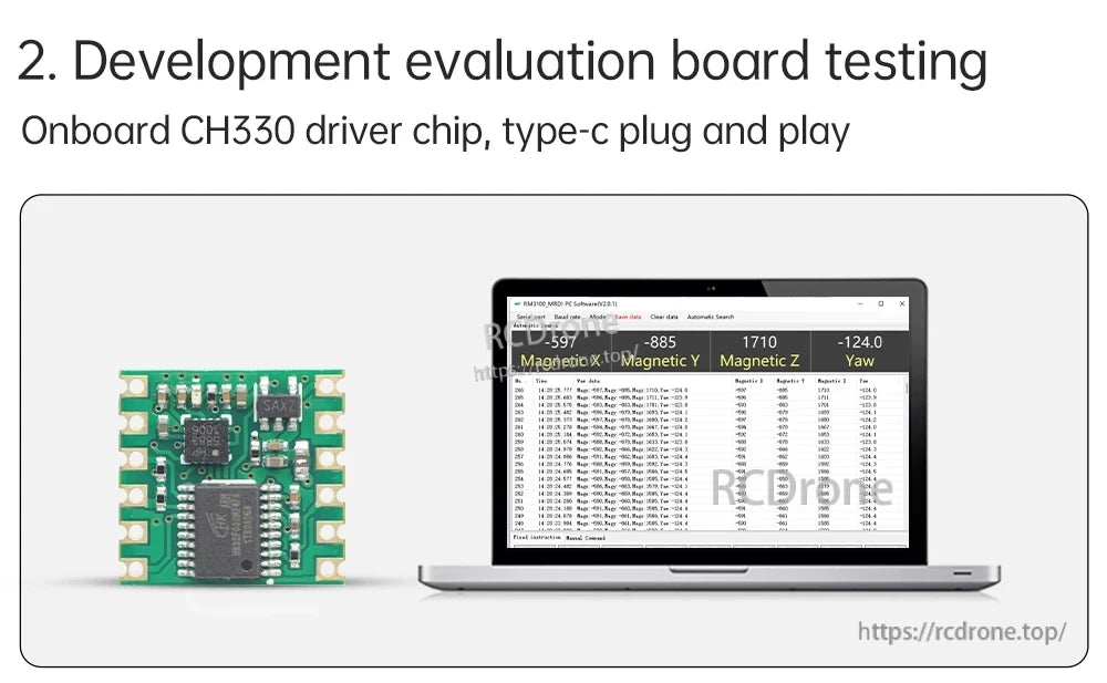 Development evaluation board testing view with onboard CH330 driver and USB-C plug-and-play connection to PC software