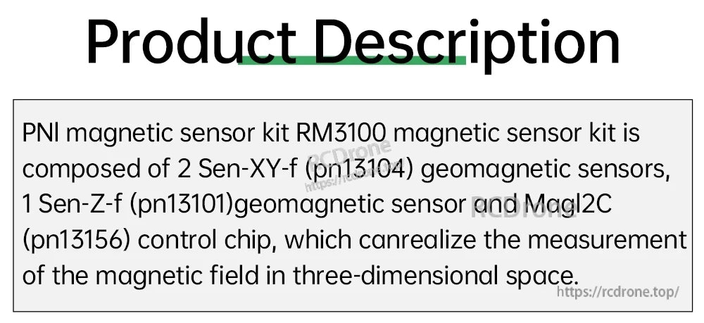 Text description of PNI RM3100 magnetic sensor kit components including Sen-XY, Sen-Zf and MagI2C control chip