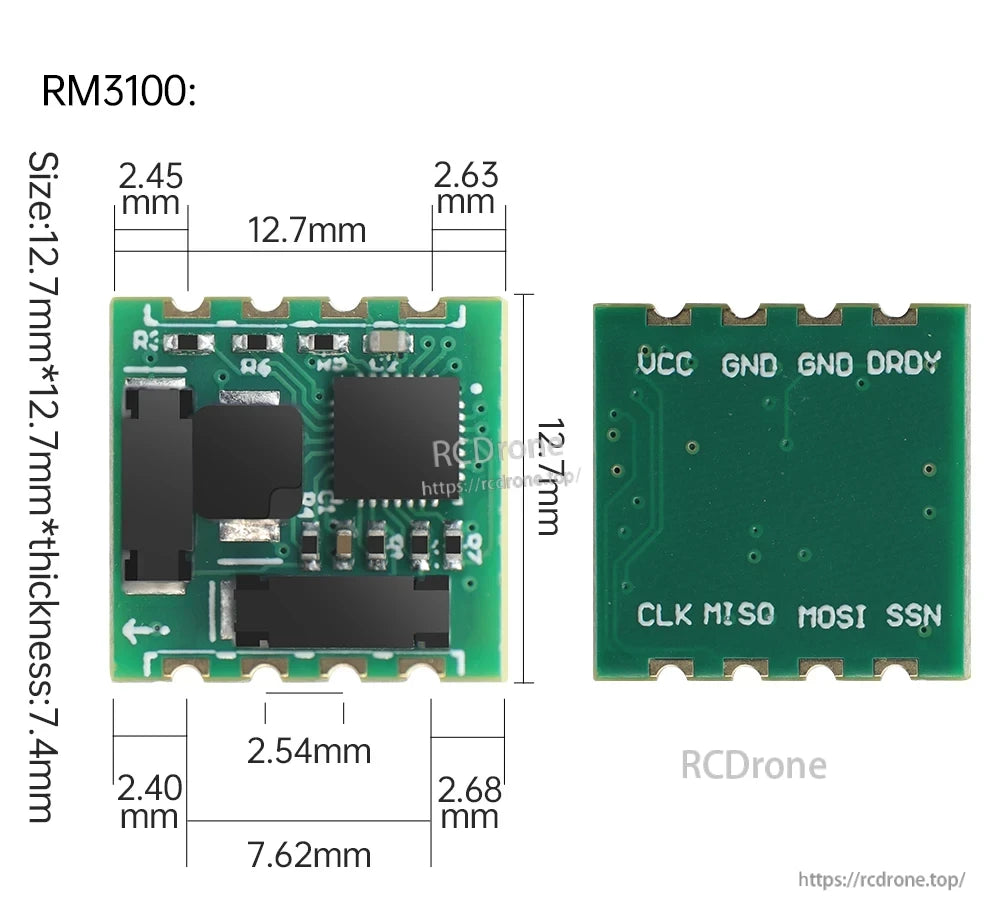 RM3100 module board size drawing (12.7mm x 12.7mm) with front/back views and SPI pins labeled