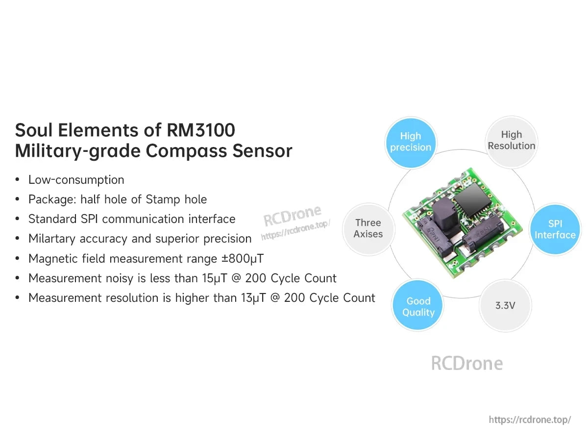 RM3100 compass sensor feature summary: low consumption, stamp-hole package, SPI interface, high precision, 3-axis