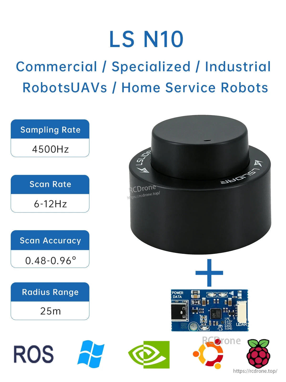 LS N10 specification graphic showing scan rate, accuracy, 25m range, and the sensor with control board