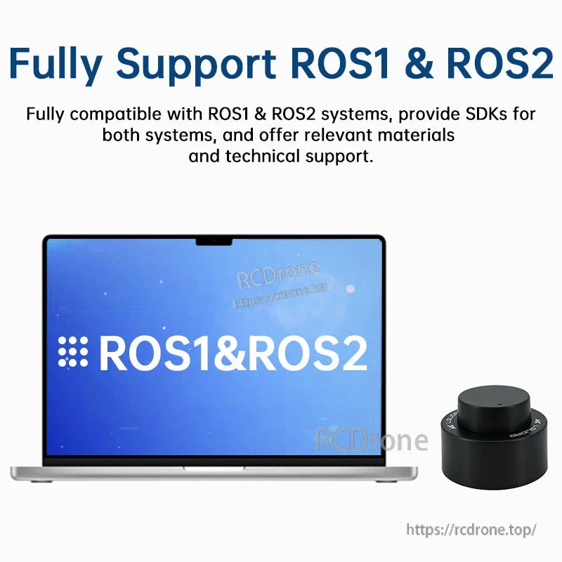 Leishen N10 LiDAR shown with a laptop, highlighting ROS1 and ROS2 compatibility