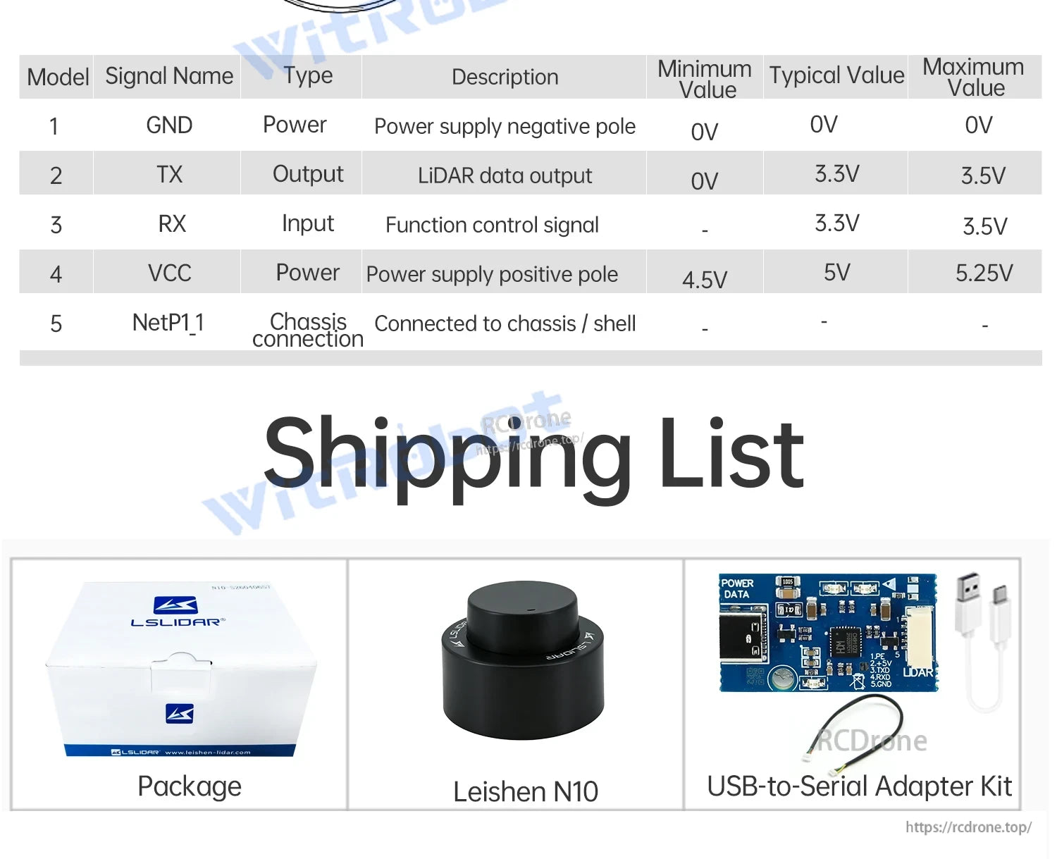 Leishen N10 shipping list with sensor, package box, and USB-to-serial adapter kit