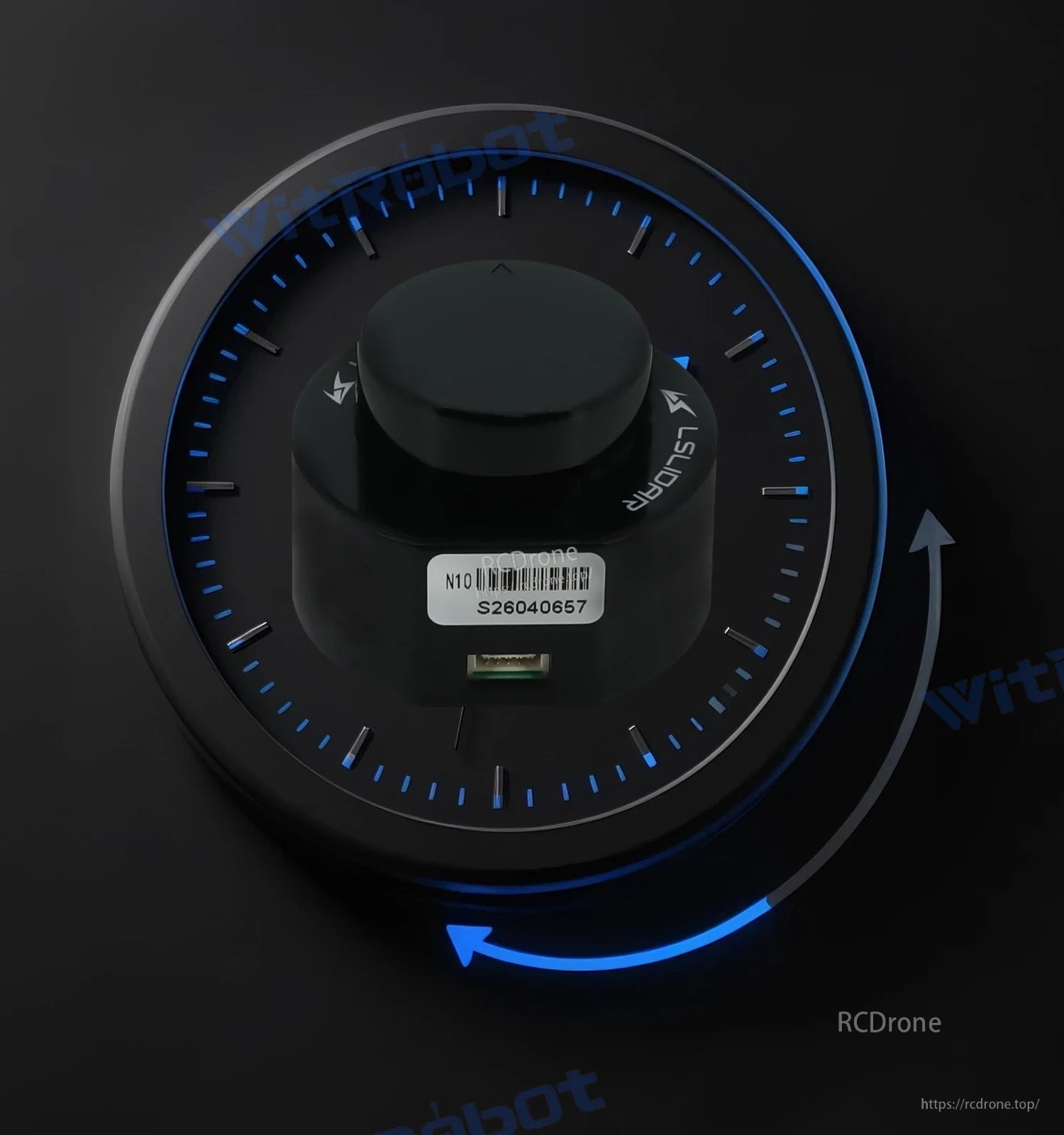 Top view of the Leishen N10 LiDAR sensor showing rotating scan ring and connector