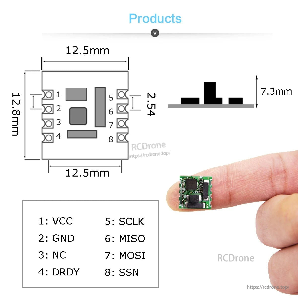 RM3100 module dimensions and pinout diagram with 12.5 mm size and 8-pin assignment