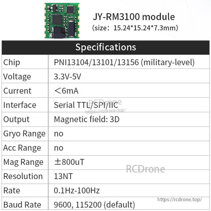 JY-RM3100 module specifications table showing 15.24×15.24×7.3 mm and TTL/SPI/IIC