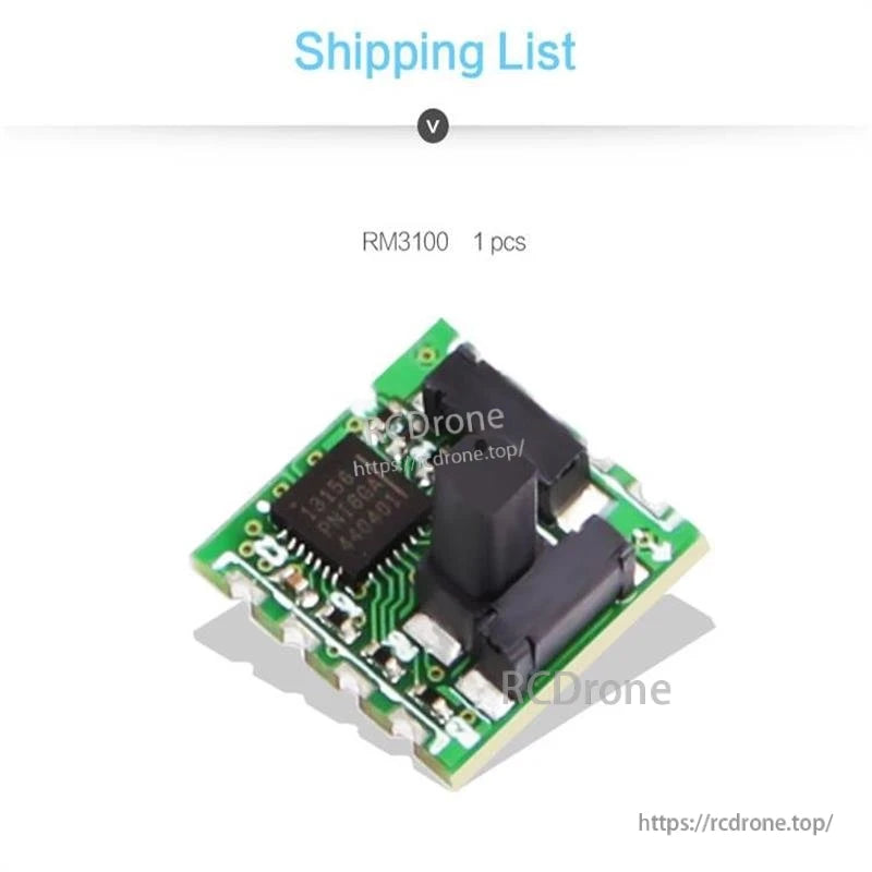 Shipping list graphic showing RM3100 module, quantity 1 piece