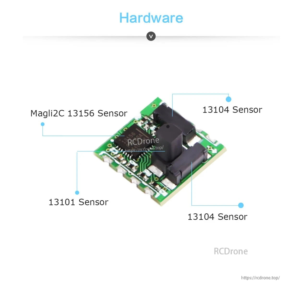 RM3100 module hardware diagram with labeled sensors PNI13156, 13101 and 13104
