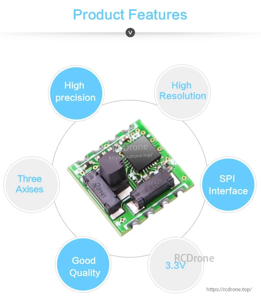 RM3100 module feature graphic highlighting three axes, SPI interface, 3.3V and resolution