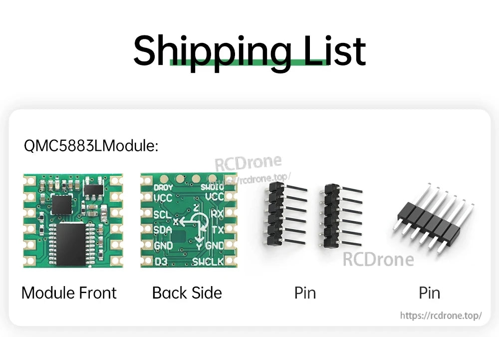 Shipping list showing QMC5883L compass sensor module front and back with included pin headers