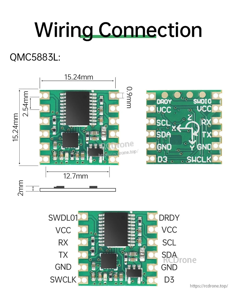 QMC5883L wiring connection and board dimensions with labeled VCC, SCL, SDA, GND and DRDY pads