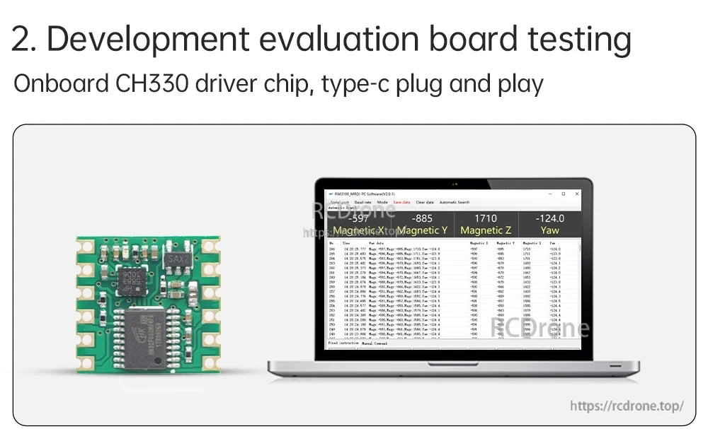 Development board testing setup with CH330 driver and Type‑C plug-and-play connection to PC software