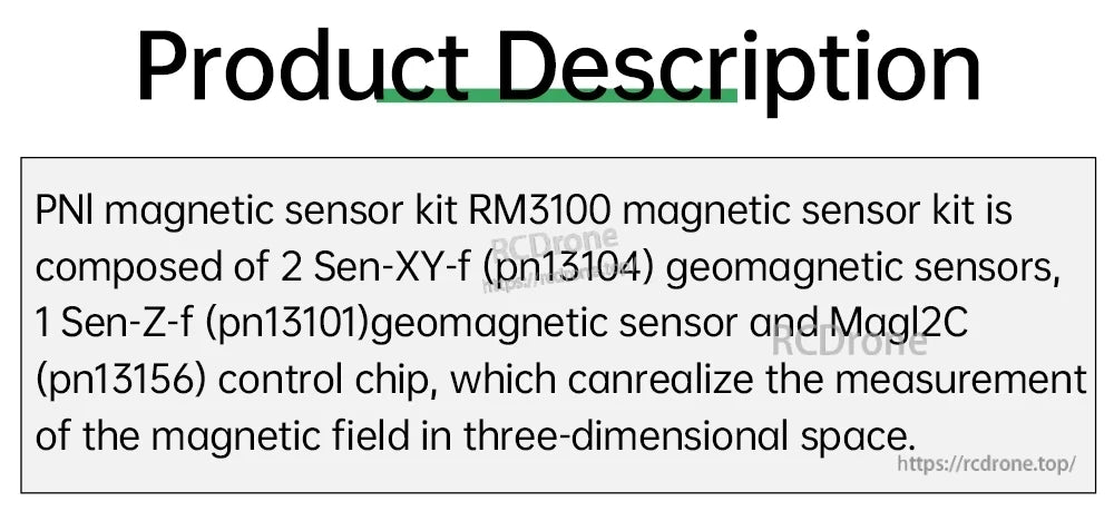 Text description of PNI RM3100 magnetic sensor kit components (Sen-XY, Sen-Z and MagI2C control chip)