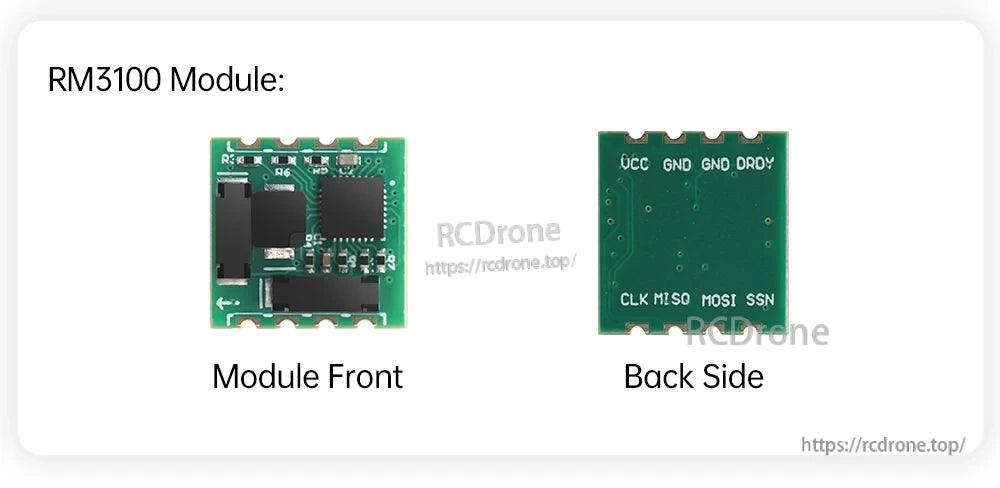 RM3100 electronic compass geomagnetic sensor module front and back, showing SPI pins VCC, GND, DRDY, CLK, MISO, MOSI, SSN