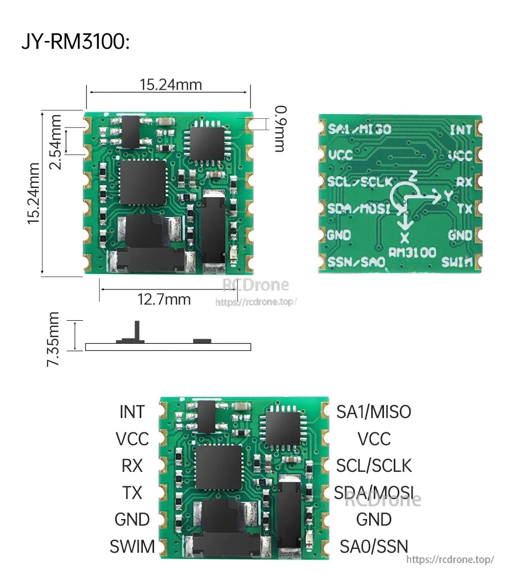 JY-RM3100 module dimensions and pin labels for SPI/I2C/TTL, including INT, SWIM, MOSI and MISO