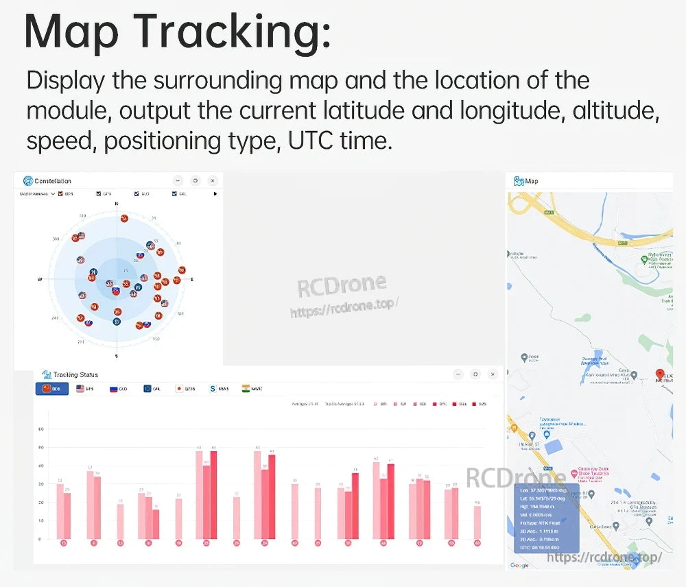 Map tracking software interface showing constellation view, live map, and tracking status panels