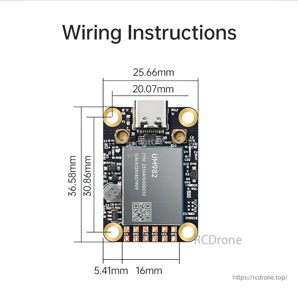 WTRTK-982 module wiring instructions with board dimensions and pin layout