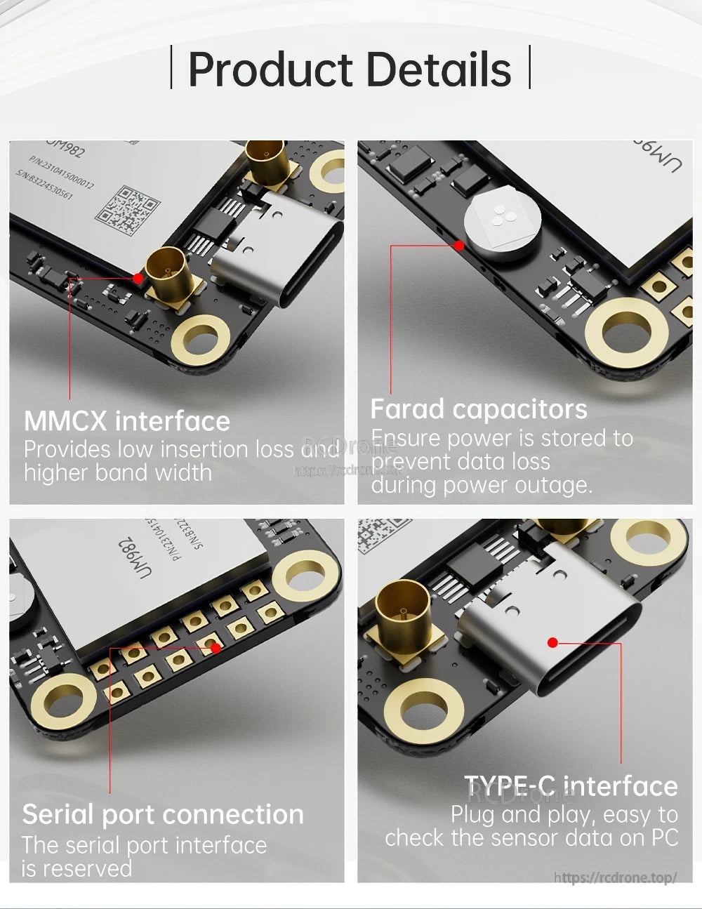 Product detail close-ups showing MMCX, TYPE-C, serial header, and onboard components