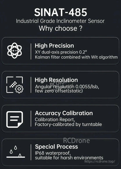 The SINAT-485 inclinometer provides 0.2° precision, 0.0055°/LSB resolution, factory calibration, IP68 waterproofing, and durability for harsh environments.