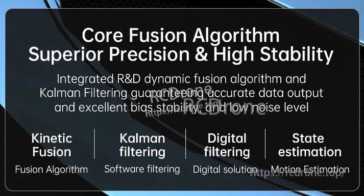 The Core Fusion Algorithm enhances precision and stability through kinetic fusion, Kalman and digital filtering, and state estimation for accurate, low-noise output.