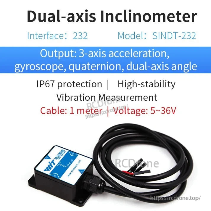 The SINDT-232 dual-axis inclinometer features RS232 interface, 3-axis acceleration, gyroscope, quaternion, and angle outputs. It has IP67 rating, high-stability vibration measurement, 1-meter cable, and operates on 5–36V voltage.