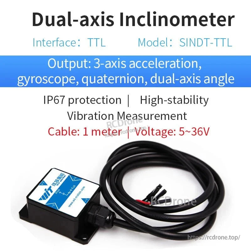 Dual-axis inclinometer with TTL interface, model SINDT-TTL. Provides 3-axis acceleration, gyroscope, quaternion, and dual-axis angle outputs. Features IP67 rating, high stability, vibration measurement, 1-meter cable, and operates on 5–36V.