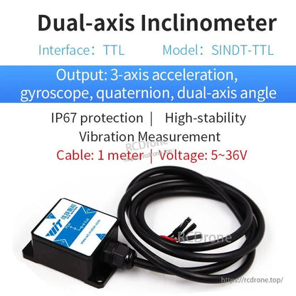 Dual-axis inclinometer with TTL interface, model SINDT-TTL. Provides 3-axis acceleration, gyroscope, quaternion, and dual-axis angle outputs. Features IP67 rating, high stability, vibration measurement, 1-meter cable, and operates on 5–36V.