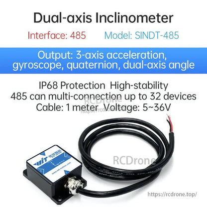 The SINDT-485 dual-axis inclinometer features 3-axis acceleration, gyroscope, quaternion, and angle outputs, IP68 rating, high stability, supports 32 devices, 1m cable, 5–36V.