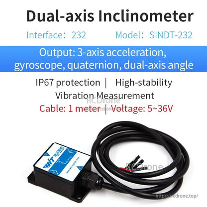 Dual-axis inclinometer SINDT-232 with RS232 interface, IP67 protection, 1 m cable and bare-wire lead
