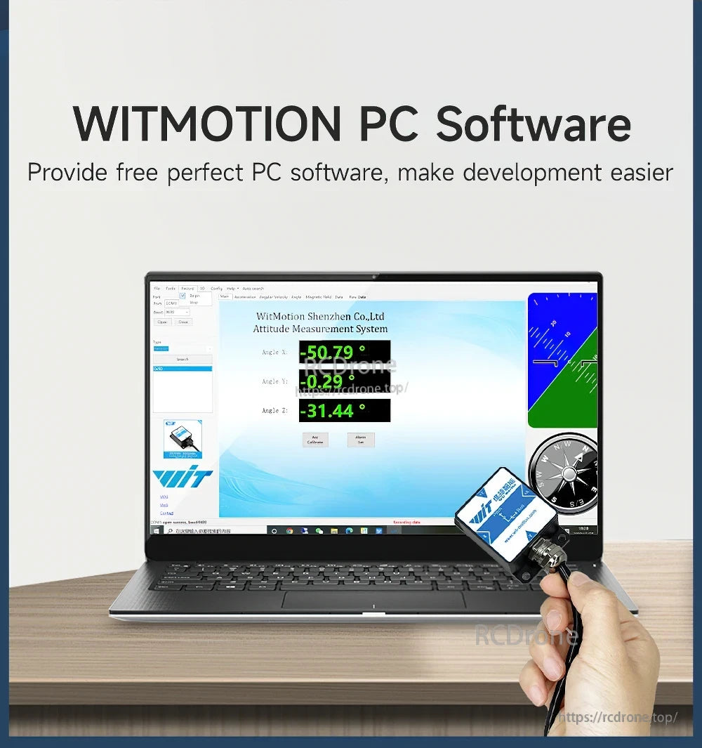 WitMotion SINDT sensor connected to PC software interface for attitude measurement and development testing
