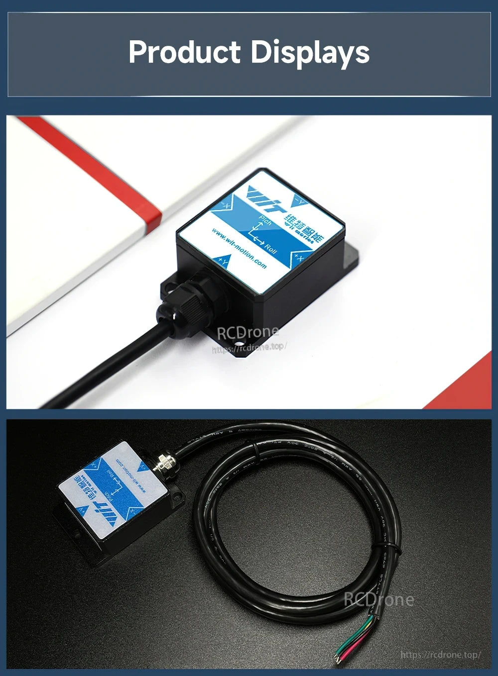 WitMotion SINDT Dual-Axis AHRS tilt sensor product photos showing IP67 aluminum body and attached cable