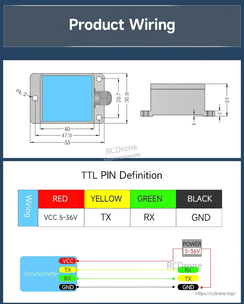 Mechanical dimensions and TTL wiring pinout with color code: red VCC, yellow TX, green RX, black GND