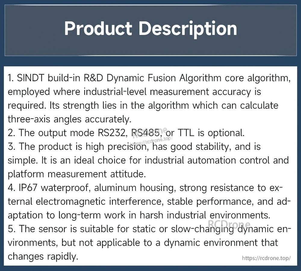 Product description slide listing fusion algorithm, output options (RS232/RS485/TTL), and IP67 aluminum housing